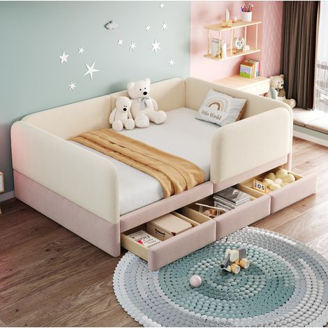 Kinderbett 140x200 cm Beige und Rosa in Samt mit Rundum-Polsterung und Stauraumschubladen (1/5)