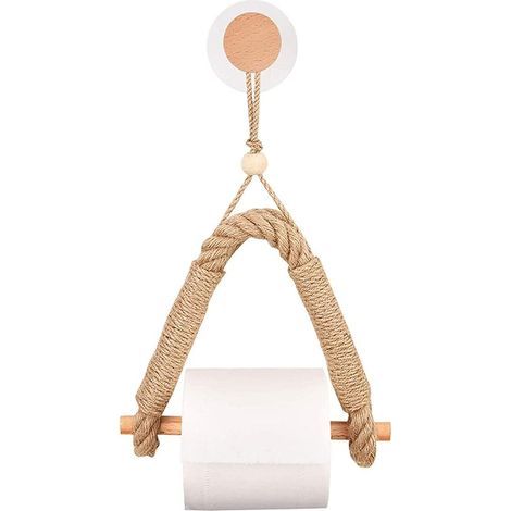 Self-Adhesive Toilet Roll Holder, Wood Roll Holder, Hemp Rope Paper Towel Holder, Wall-Mounted Tissue Holder, Retro Punch-Free Hemp Rope Toilet Paper Holder for Bathroom and Kitchen (1/5)