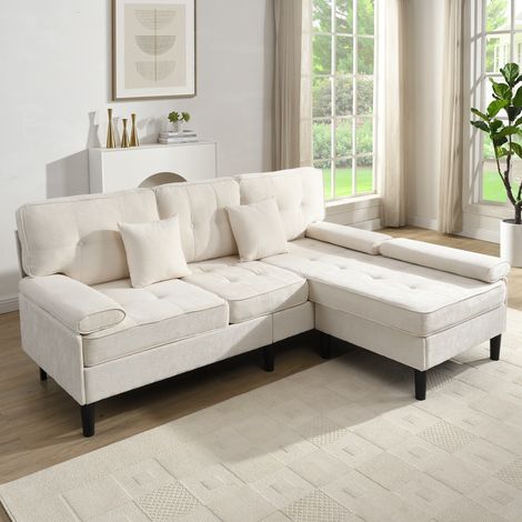 Divano angolare trasformabile a L, divano modulare da soggiorno 3 posti per appartamento, moderno tessuto ciniglia con struttura in legno, 195 cm, beige chiaro (1/5)