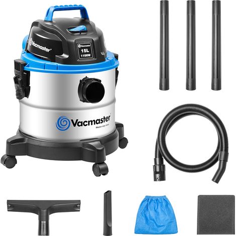 Vacmaster VQ1115S Aspiratori liquidi-solidi, funzione di soffiaggio, asciutto e bagnato, senza sacchetto, acciaio inox, 1100 W, 15L