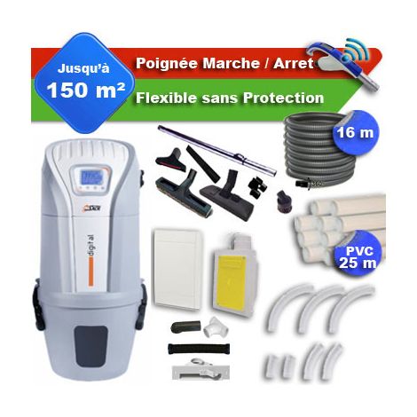 Aspirateur central SACH VAC Digital 2.4 kW garantie 4 ans + flexible rétractable 16 m + poignée marche/arrêt + 7 accessoires + kit 1 prise RETRAFLEX + kit prise balai (rayon d'action 150 m2) (1/5)