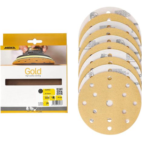 Mirka Gold Carta abrasiva universale Ø 150 mm Dischi abrasivi a strappo a 15 fori, grana P120, 10 pz / Per la levigatura di intonaco, stucco, truciolato, legno, vernice