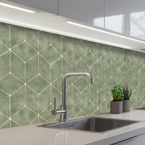 REVETEMENT MURAL DE CUISINE, CRÉDENCE DE CUISINE Subtil - Géométrique - Or - Vert 400x80 cm