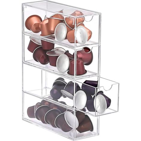 (25 x 17,5 x 6,5 cm)1 boîte de rangement pour dosettes de café en acrylique avec 4 tiroirs - Support transparent pour dosettes de café Organiseur (1/5)