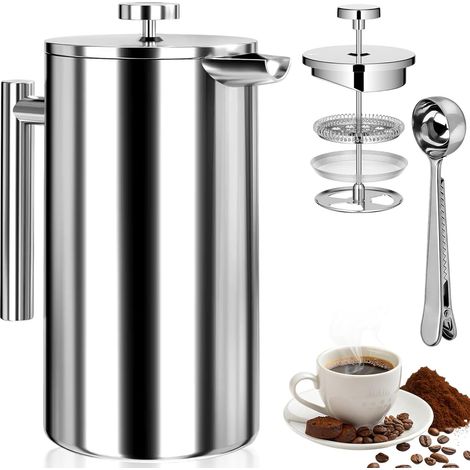 350ml Cafetière Piston avec Cuillère Café, French Press Acier Inoxydable, Presse Française avec Système Filtres 3 Niveaux, Cafetiere Isolation Double Vouche pour Maison, Camping, Bureau (Argent) (1/5)
