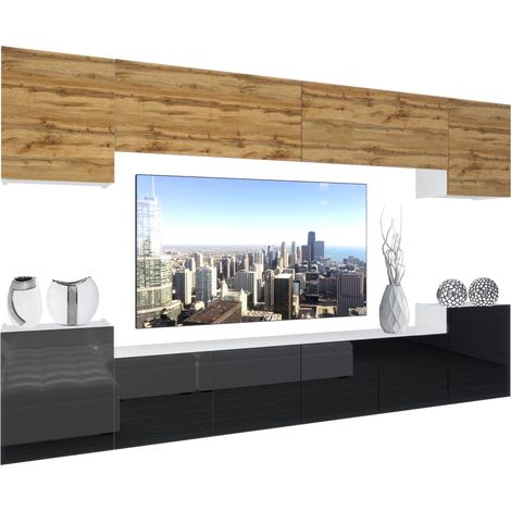 BELINI - Unité Murale TV NEX I Ensemble Muebles de Salon Complet I Ensemble Meuble TV avec Illumination LED I Dimensions: 300 x 180 x 36 cm I Coleur: chêne wotan/Noir très Brillant 1 (1/5)