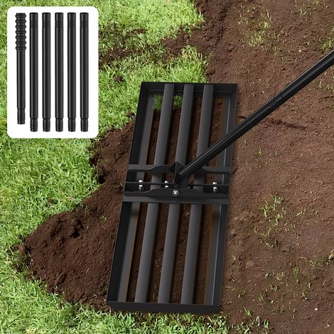 Randaco Râteau de Nivellement Pelouse 75 x 25 cm – Raclette à Gazon en Acier Noir, Manche Extensible 2 m, Racloir Polyvalent Jardin