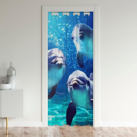 Rideau de Porte de Dauphin Mignon pour Vie Privée Porte,Rideau D'Occultation de Dauphin 3D,Thème L'Océan Bleu Vague Isolation Thermique Rideau Animaux Marins Monde Sous Marin Rideau de Porte 106x203 - (1/5)