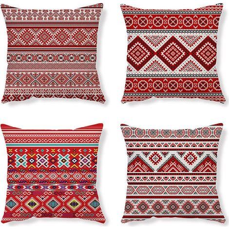 Housses De Coussin Taie D Oreiller Coussin Ethnique Taie D Oreiller Rouge Housse De Coussin Abstrait Housse Coussin Lin Coussin Geometrique Taie Oreiller 45X45 Lot De 4 Pour Canapé Chambre Maison (1/5)