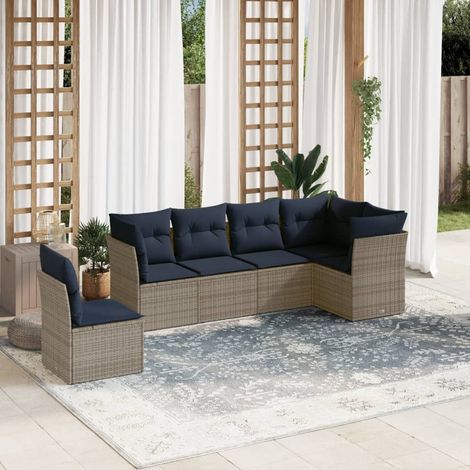 Salon de jardin modulable 6 pièces en rotin PE gris avec coussins bleu marine, 48.4kg - PANGIVO (1/5)