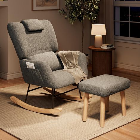 Sillón mecedora con reposapiés y cojín lumbar - 75x75x92,5cm - butaca relax para salón y dormitorio - tela de borreguito y metal - gris (1/5)