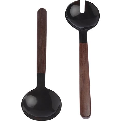 FULL MOON - Couverts à Salade en Corne Naturelle Noire et Bois de Rose - 23cm - Ustensiles de Cuisine Élégants et Naturels (1/2)