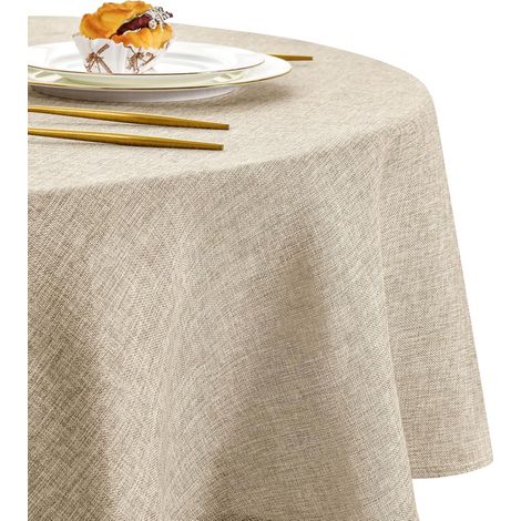 Nappe Ronde Anti Tache Effet Lin Tissu Lavable et Imperméable Beige 140 cm Rond, Moderne Nappe Anniversaire Facile à Laver et Repasser, Nappe Pour Salle à Manger, Jardin en Plein Air Jardin, Fête (1/5)