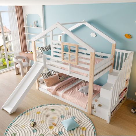 Lit superposé cabane scandinave en bois blanc 90x200 cm avec toboggan, escalier de rangement et barrières de sécurité