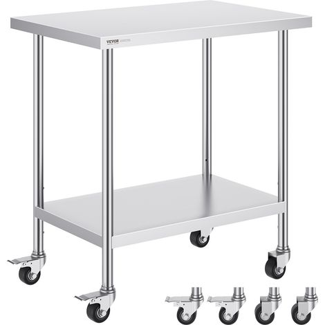 Table de Travail Inox 61 x 91,4 x 95,5 cm, Table de Préparation des Aliments avec 4 Roulettes, 3 Niveaux de Hauteur Réglables, Meuble de Rangement Durable pour Cuisine Restaurant Maison, Argenté (1/5)