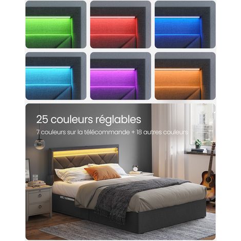 Vasagle – Lit double 140 x 190 cm avec éclairage LED – 4 tiroirs de rangement – Tête de lit rembourrée ajustable – Métal gris ardoise et noir mat