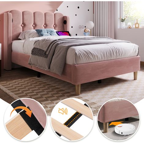 Lit capitonné avec port USB-C, sommier à lattes, cadre de lit en velours rose, dimensions 90x200 cm, literie pour adolescent ou chambre d'invités - avec matelas inclus (1/5)