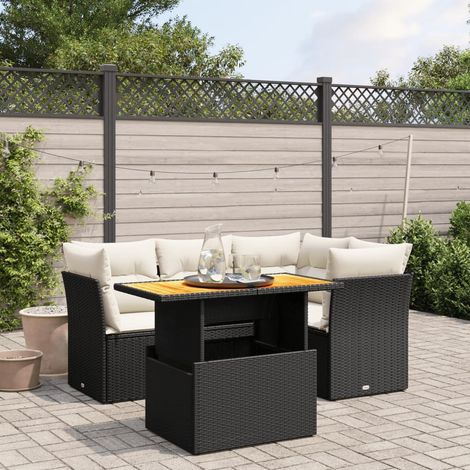 Ensemble Salon Jardin 5 Places Noir Résine Tressée avec Coussins Crème - Table Réglable Modulaire (1/3)
