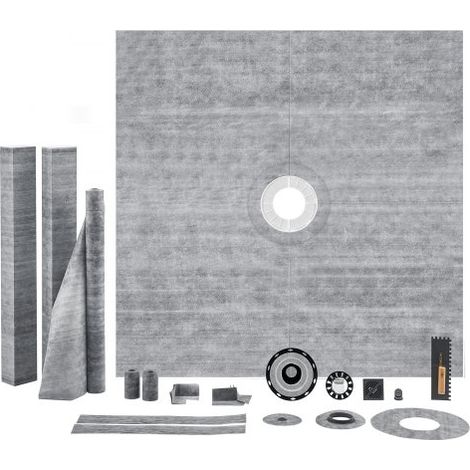 Ensemble de bordure de douche, 1828 x 1828 mm, receveur de douche bride centrale en PVC, grille en acier inoxydable de 101,6 mm, membrane et bande imperméables, bâtons de pente de bac à douche (1/4)