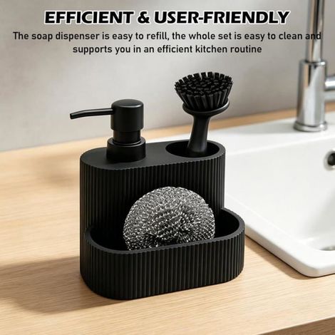 Distributeur De Savon - Résine Effet Marbre Noir - Avec Porte-éponge Intégré - Pour Évier Cuisine - 1 Pièce (1/5)