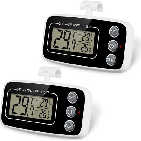 Refrigerator thermometer, set of 2 waterproof freezer thermometers with hook, maximum and minimum temperature recording function, easy-to-read LCD screen, ideal for (1/5)