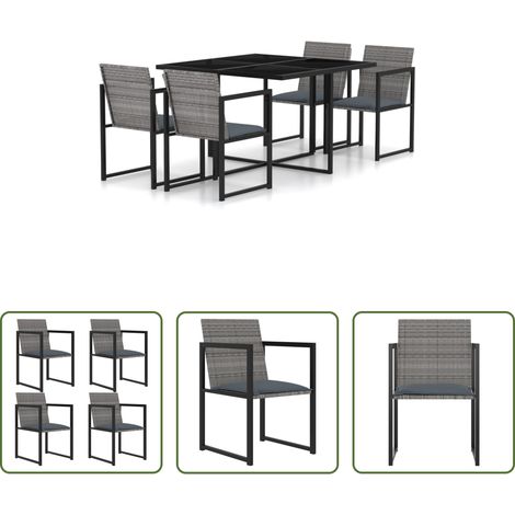 Terrassen-Essgruppe - 5-tlg. Garten-Essgruppe mit Kissen Poly Rattan Grau (1/5)