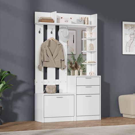 Porte-manteau, étagère à vêtements, banc à chaussures, armoire, 2 tiroirs, 2 placards à chaussures rabattables, 3 crochets, un miroir, trois étagères à côté, entrée, chambre, salon, blanc, 110 x 34 x (1/4)