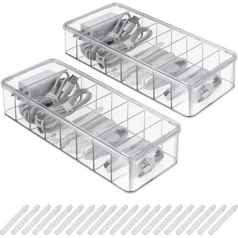 2 Pièces Boîte de Rangement pour Câbles 8 Compartiments Boîte de Câbles Transparent avec 20 Attaches de câbleBoîTe de Rangement Multi-Grilles avec Couvercle pour Maison, Bureau (1/5)