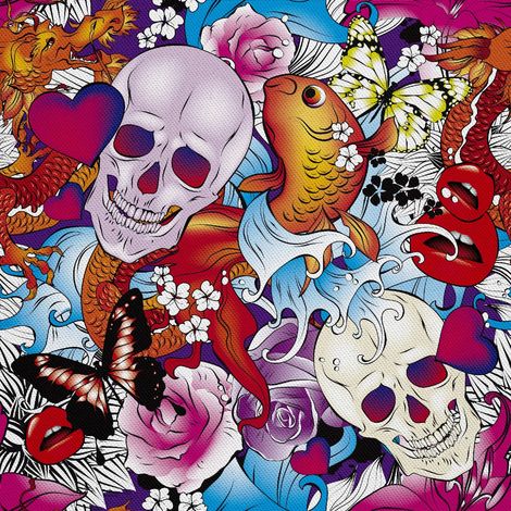 Telas decorativas para exteriores Oxford - motivo de calaveras, mariposas y flores de corazón (1/5)