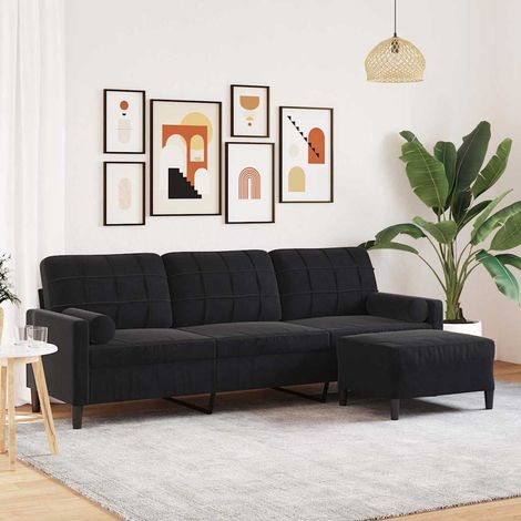 vidaXL Sofá de 3 plazas con taburete de terciopelo negro 210 cm (1/5)