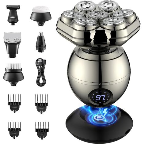 1 Rasoir Électrique Homme, Tête Magnétique 7D, Moteur 10000tr/min, Étanche IPX7, Humide Sec, Kit 6 Accessoires