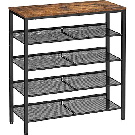 Étagère à chaussures à 5 niveaux, rangement pour chaussures hautes avec 4 étagères en maille et grand dessus de sac, gain de place pour entrée, entrée, acier, industriel, marron rustique et noir LBS03 (1/5)
