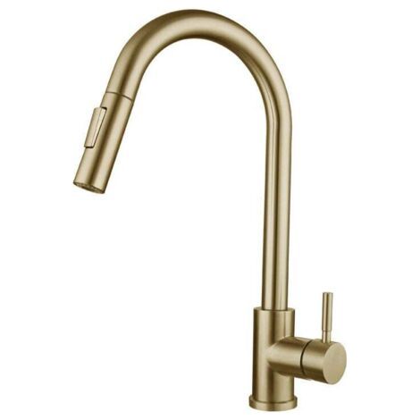 Robinet de cuisine monotrou doré à douchette extractible, pommeau de douche double fonction, contrôle de l'eau chaude et froide, installation sur comptoir. (1/5)
