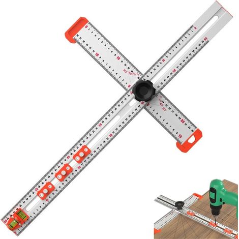 Règle De Positionnement Pour Perçage - Règle En Forme De T - Aluminium - Niveau À Bulle Double Axe - Échelle Imprimée UV - 63,5 Cm - 1 Pièce (1/5)