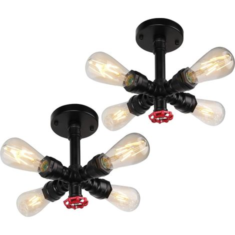 Plafonnier Tube d'eau Industriel Lustre Luminaire en Métal Rétro Suspension 4 Tête lampe Design E27 pour Salon Cuisine Couloir Loft Chambre (Noir-2pcs) (1/5)