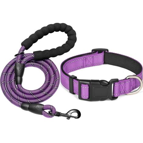 Ensemble collier et laisse réfléchissants pour chien, collier réglable, laisse en nylon durable, pour chiens de taille moyenne et grande, violet, S