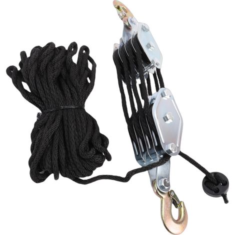 Système de poulie moufle renforcée crochet en alliage de zinc pivotant 270° corde haute résistance anticorrosion roulement grande capacité de charge levage chasse bricolage 4 roues 20 m nylon noir 300 (1/5)