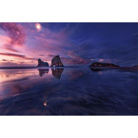 Papier peint panoramique paysage violet & bleu | Tapisserie panoramique lever du soleil sur la mer | Papier peint panoramique salon & salle de bain - 384 X 260 cm (8 pièces) (1/2)
