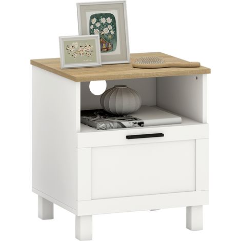 Comodino Moderno Minimal con Cassetto e Ripiano Aperto, in Legno, 45x38x50 cm, Bianco e color Legno
