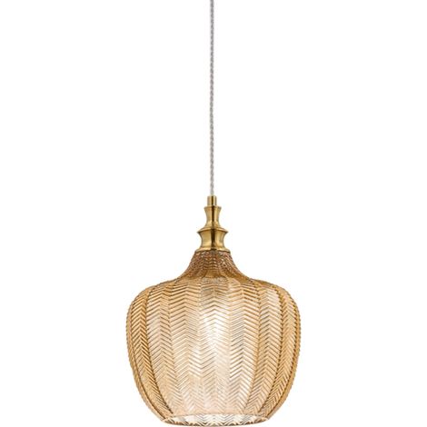 Cleofe - Suspension en verre ambré transparent et laiton - Douille 1XE27, style vintage, 1XE27 max 1X60W, d.24cm, ampoules exclues