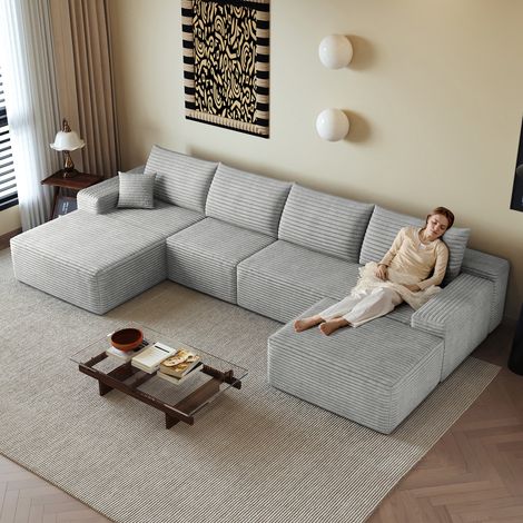 Canapé angle modulaire sans structure 340 cm méridienne L, moderne assise profonde sans montage compressé, salon chambre appartement, coloris gris (1/5)