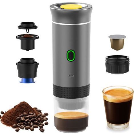 Kaffeemaschine – 3-in-1-Funktion für Kapseln und gemahlenen Kaffee – 15 Bar – USB-aufladbar – 60-ml-Wassertank – 120-ml-Tasse – 72 W – 83,5 x 245,5 mm – 680 g (1/5)
