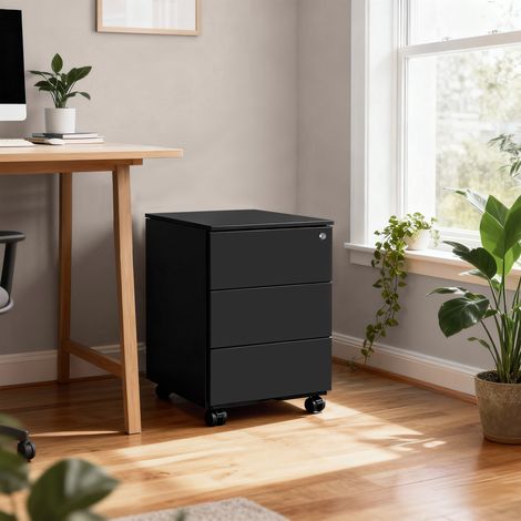 Caisson Bureau, sur Roulettes, en Métal, Verrouillable, 3 Tiroirs, Prémonté, Noir (1/5)