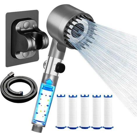 Pommeau de douche avec tuyau 1,5M,support et 5 filtres,pommeau de douche haute pression,3 + 1 Types de Jets pommeau de douche economie deau,Pommeau (1/4)