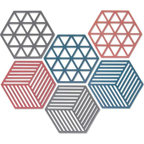 Dessous de plat en silicone (lot de 6) - 16 x 14 cm - Antidérapants et résistants à la chaleur - Supports pour casseroles et poêles chaudes - Tapis hexagonaux extensibles pour plan de travail de cuisi (1/5)