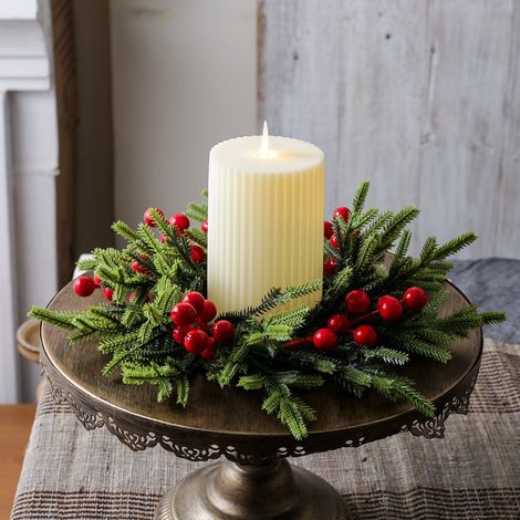 Guirlande De Décoration De Noël - Anneau Pour Bougie Avec Pommes De Pin Et Baies Rouges - Pour Table, Armoire Ou Cheminée - 28 Cm - 1 Pièce (1/5)