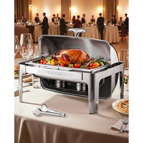 VEVOR Chauffe-Plat Rectangulaire 8,5 L, Buffet Chauffant avec Couvercle Rabattable, Rechaud en Acier Inoxydable avec Bac Pleine Taille, pour Buffet Libre-Service Hotel Traiteur Restauration, Argent