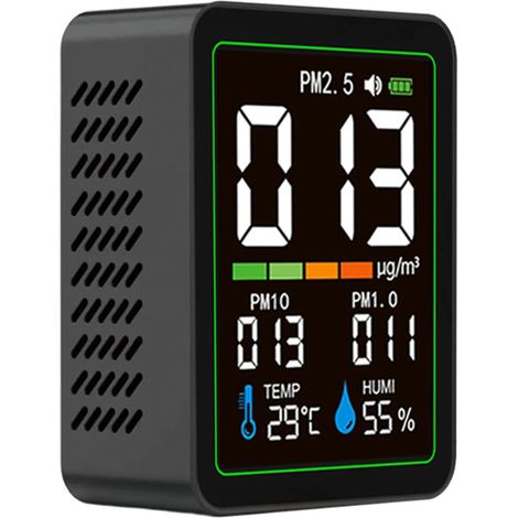 Monitor de partículas para interiores 5 en 1 con sensor láser, seguimiento de PM1.0, PM2.5 y PM10, visualización de temperatura y humedad, pantalla LCD a color, recargable mediante USB-C, formato port (1/5)