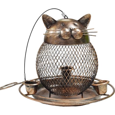Comedero para pájaros de exterior, comedero de metal resistente para aves silvestres, comedero para pinzones y gorriones, decoración colgante para jardín – Lindo gato de bronce (1/5)