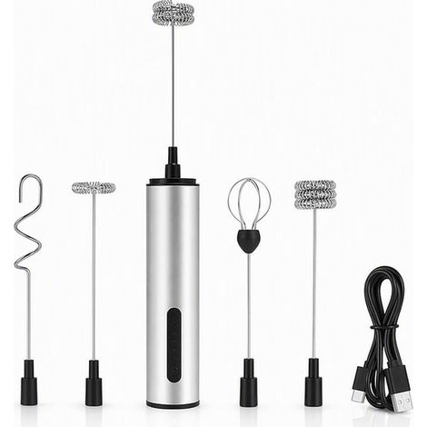 Mousseur à Lait Électrique USB Mini Batteur Portable avec 3 Vitesses et 5 Têtes Mélangeur en Acier Inoxydable pour Café Cappuccino Latte Crème Boissons